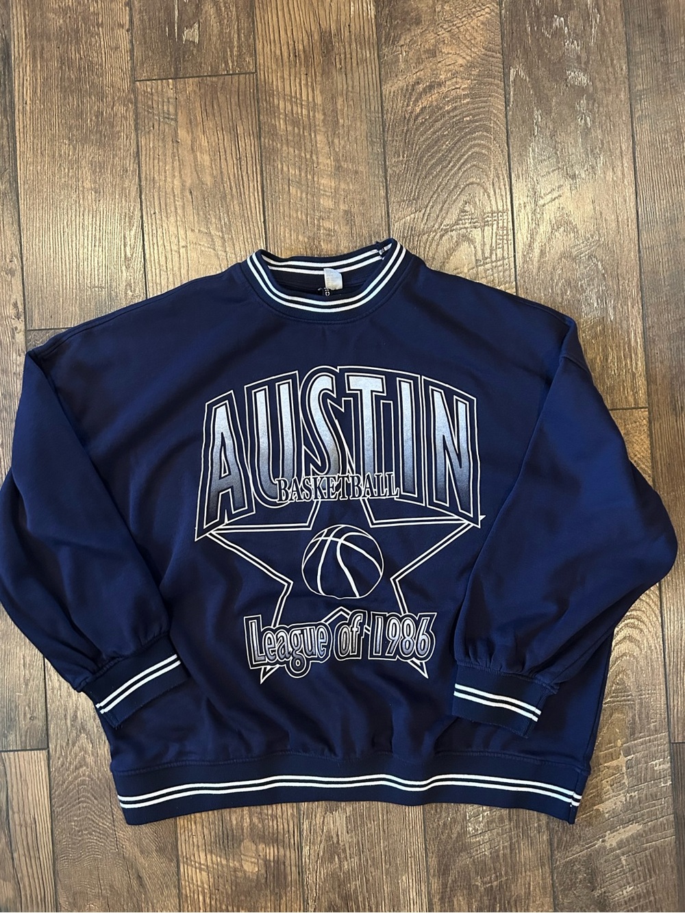 H&M Navy Sweatshirt with White Austin Basketball Graphic